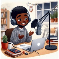 a cartoon illustration of a black man sitting at a desk with headphones and a laptop