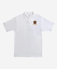 a white polo shirt with a brown logo on it