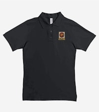 a black polo shirt with a logo on it